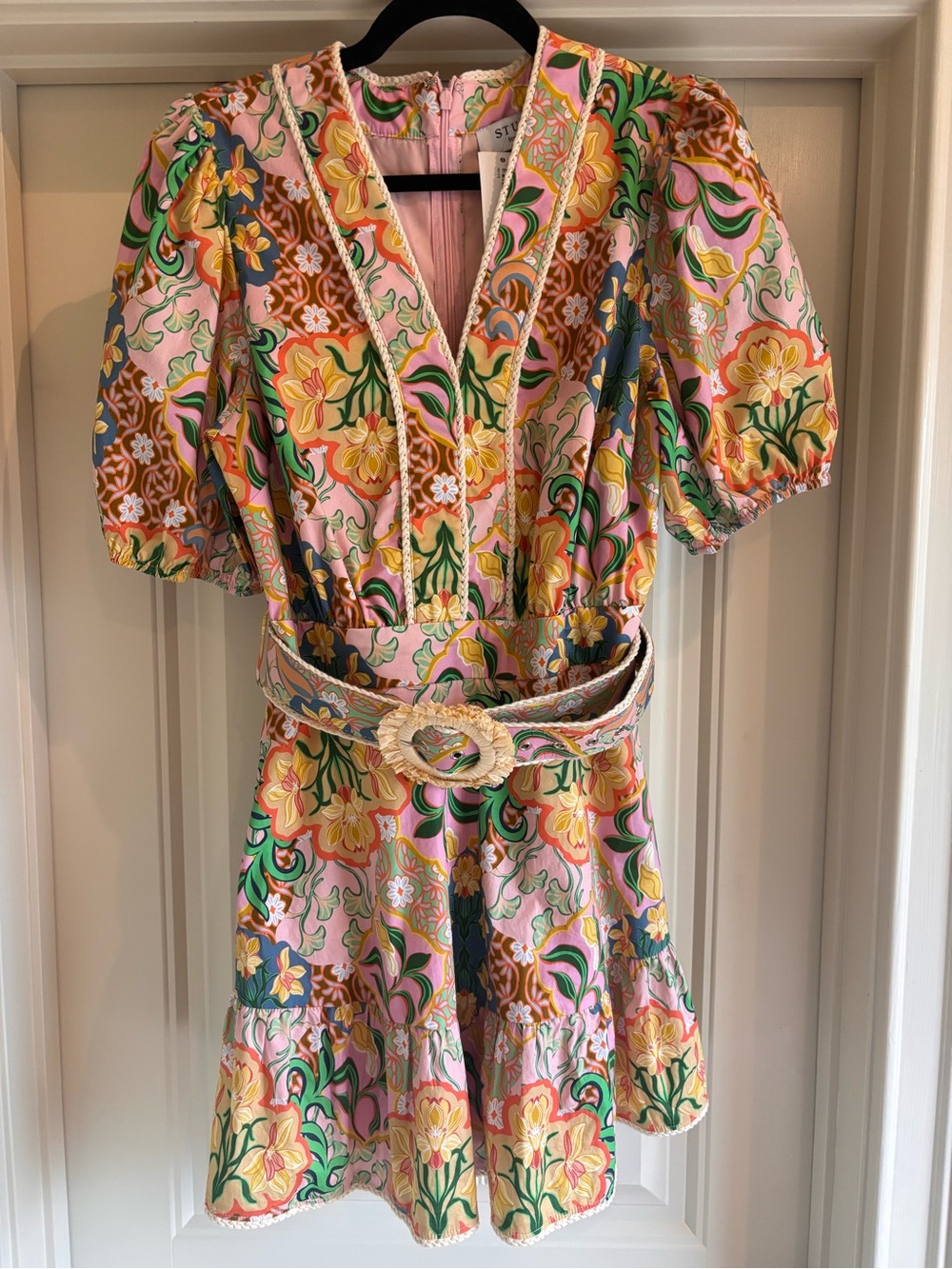 Puff-Sleeve Floral Mini Dress with Belt - Pink/Yellow